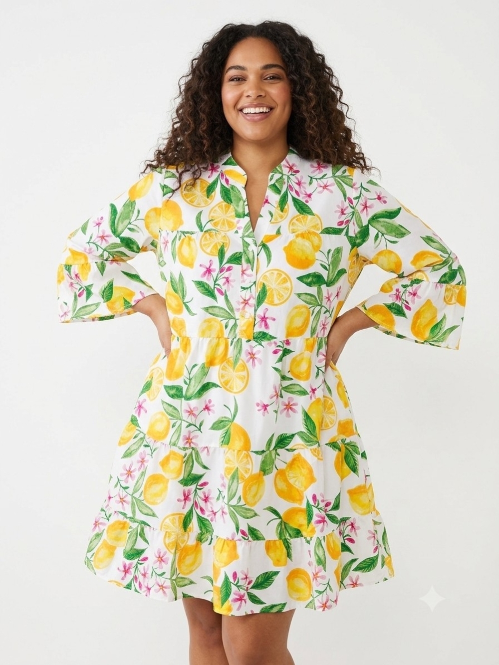 Take Two Lemon Print Tiered Dress Size 1X NWT P2P 23 In